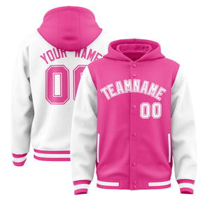 Custom Pink White Raglan Sleeves Varsity Full-Snap Letterman Two Tone Hoodie Jacket