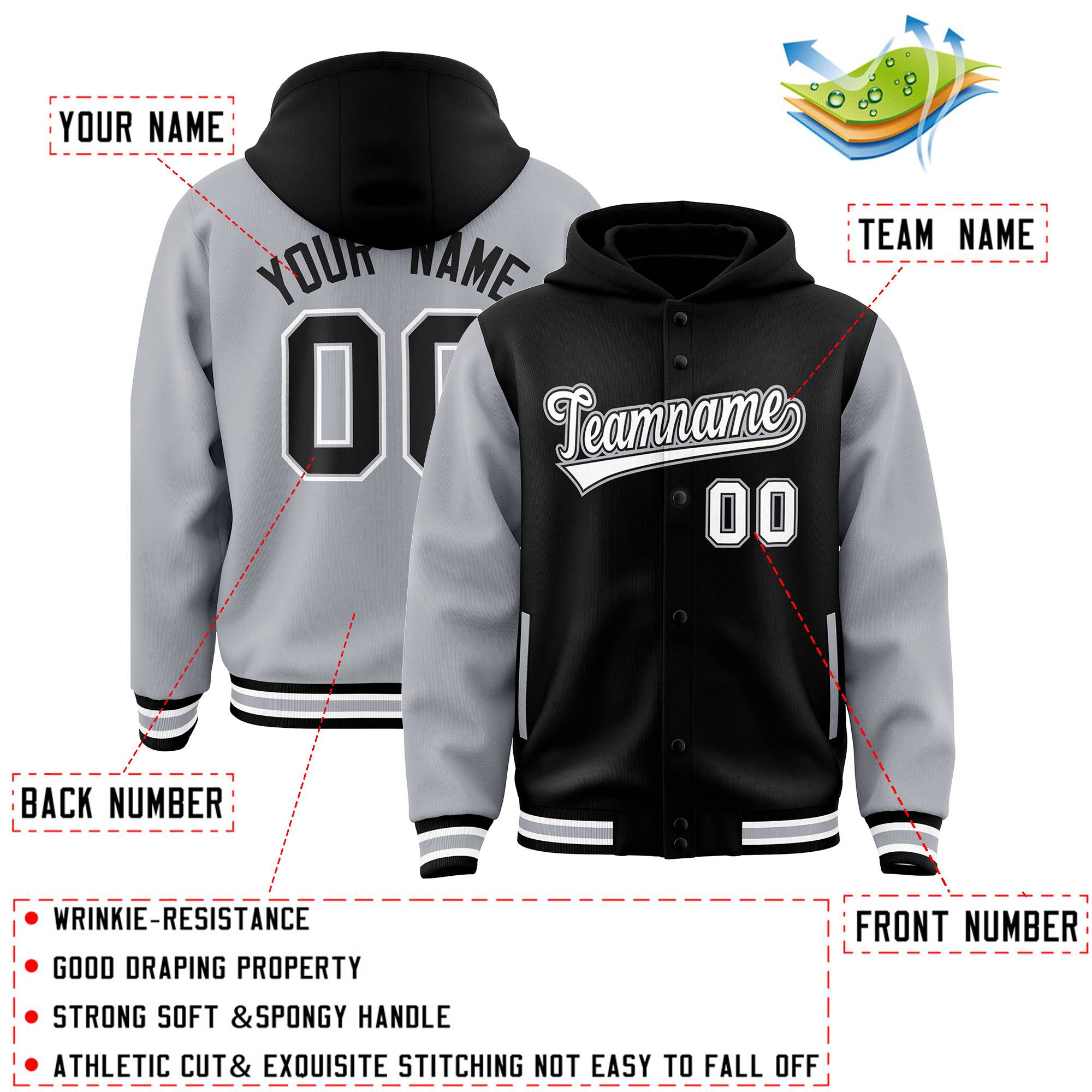 Custom Black Gray Raglan Sleeves Varsity Full-Snap Letterman Two Tone Hoodie Jacket