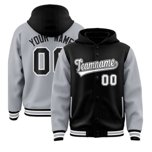 Custom Black Gray Raglan Sleeves Varsity Full-Snap Letterman Two Tone Hoodie Jacket