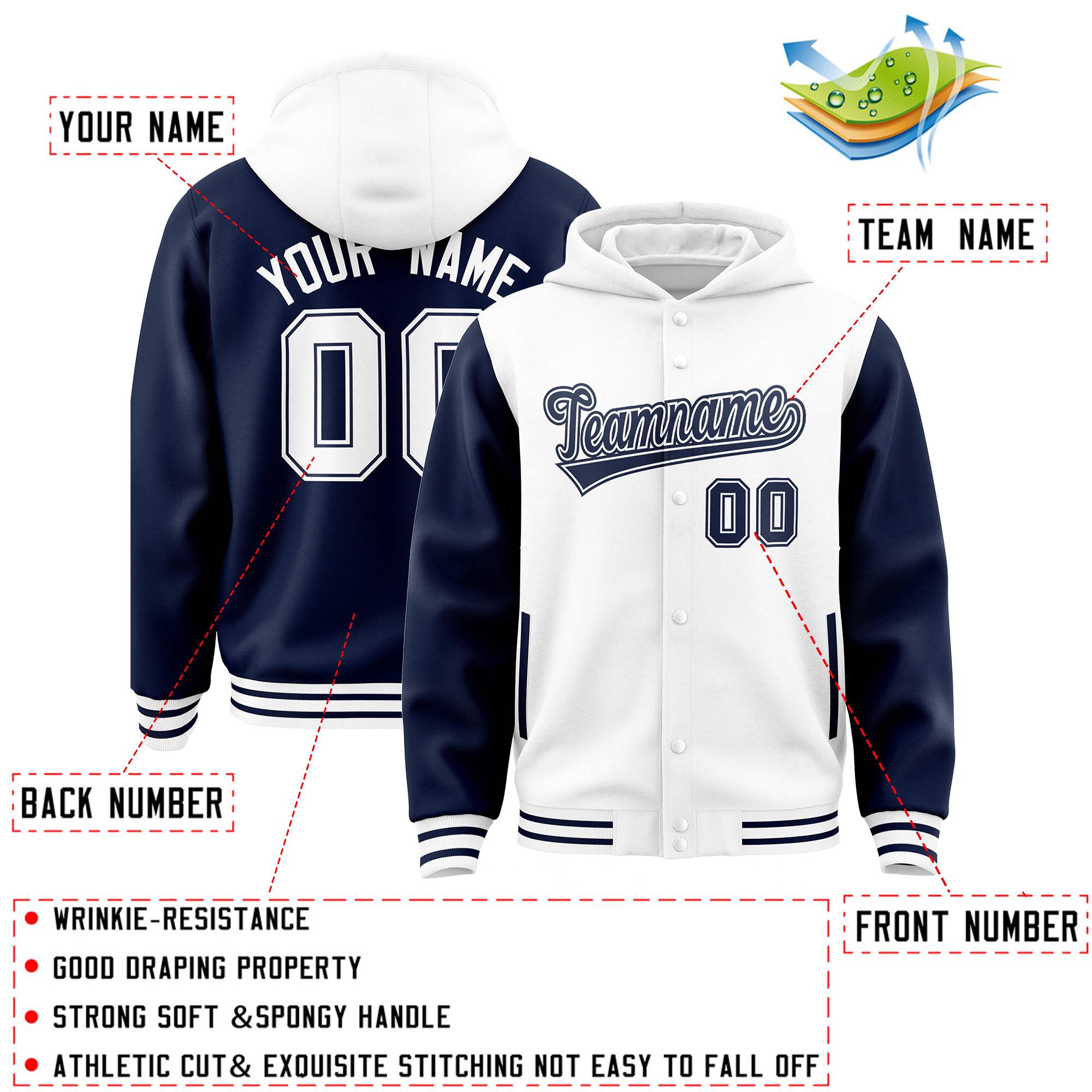 Custom White Navy Raglan Sleeves Varsity Full-Snap Letterman Two Tone Hoodie Jacket