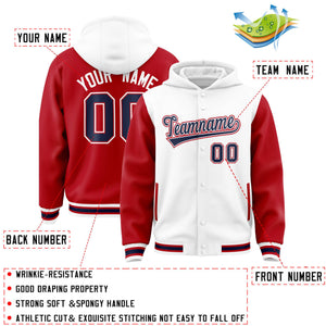 Custom White Red Raglan Sleeves Varsity Full-Snap Letterman Two Tone Hoodie Jacket