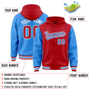 Custom Red Powder Blue Raglan Sleeves Varsity Full-Snap Letterman Two Tone Hoodie Jacket