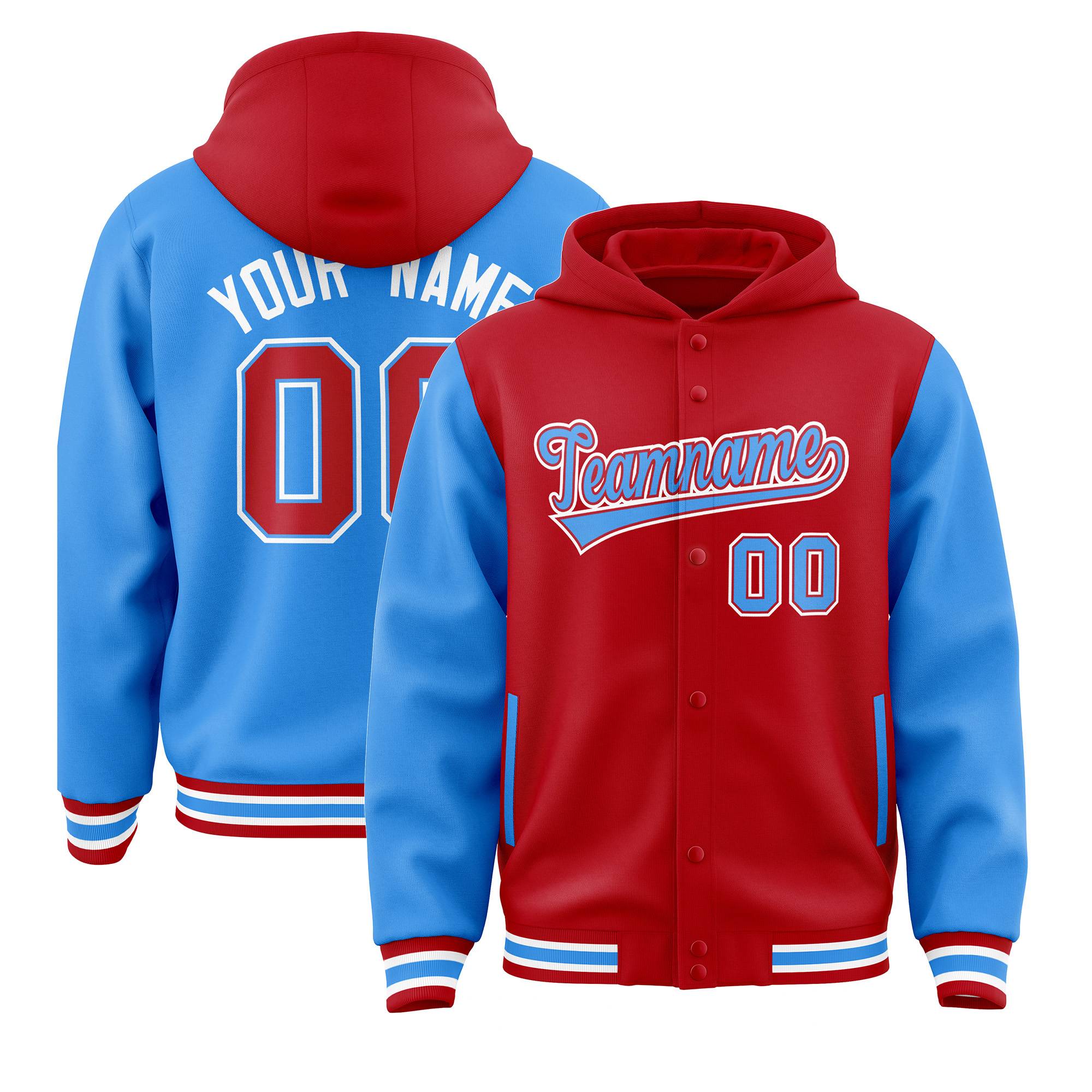 Custom Red Powder Blue Raglan Sleeves Varsity Full-Snap Letterman Two Tone Hoodie Jacket