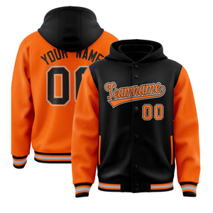 Custom Black Orange Raglan Sleeves Varsity Full-Snap Letterman Two Tone Hoodie Jacket