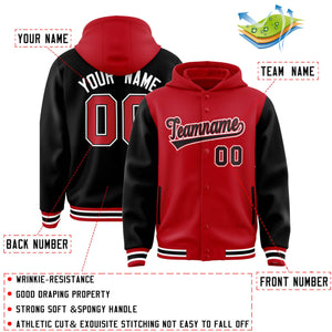 Custom Red Black Raglan Sleeves Varsity Full-Snap Letterman Two Tone Hoodie Jacket