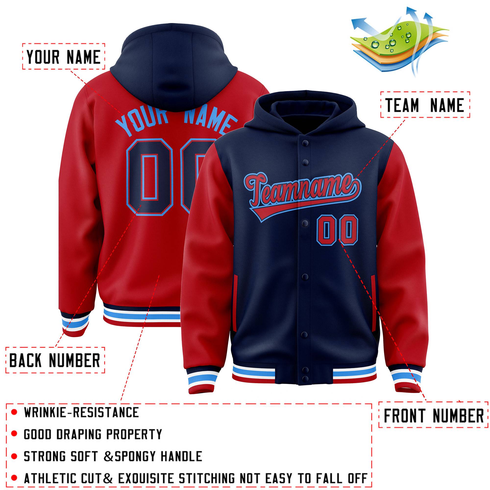 Custom Navy Red Raglan Sleeves Varsity Full-Snap Letterman Two Tone Hoodie Jacket