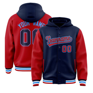 Custom Navy Red Raglan Sleeves Varsity Full-Snap Letterman Two Tone Hoodie Jacket