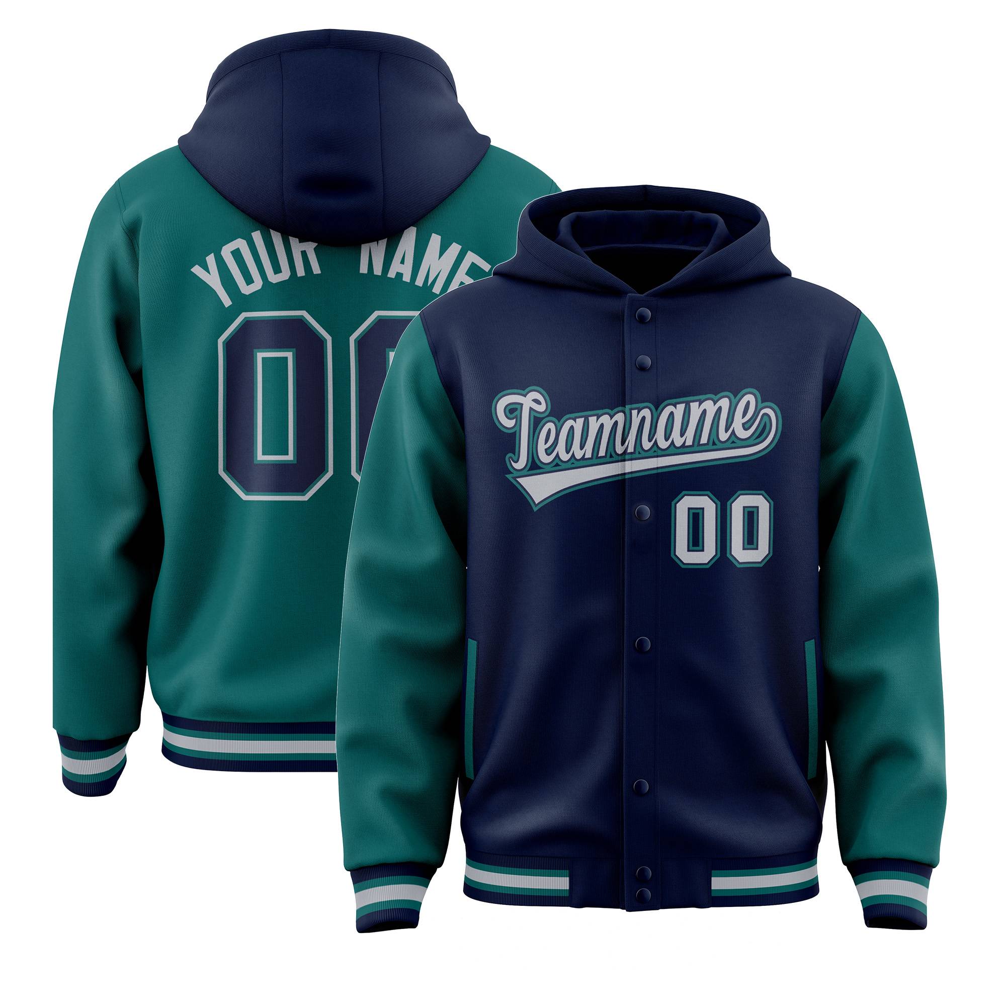 Custom Navy Aqua Raglan Sleeves Varsity Full-Snap Letterman Two Tone Hoodie Jacket