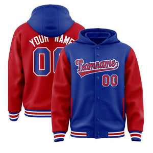 Custom Royal Red Raglan Sleeves Varsity Full-Snap Letterman Two Tone Hoodie Jacket