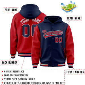 Custom Navy Red Raglan Sleeves Varsity Full-Snap Letterman Two Tone Hoodie Jacket