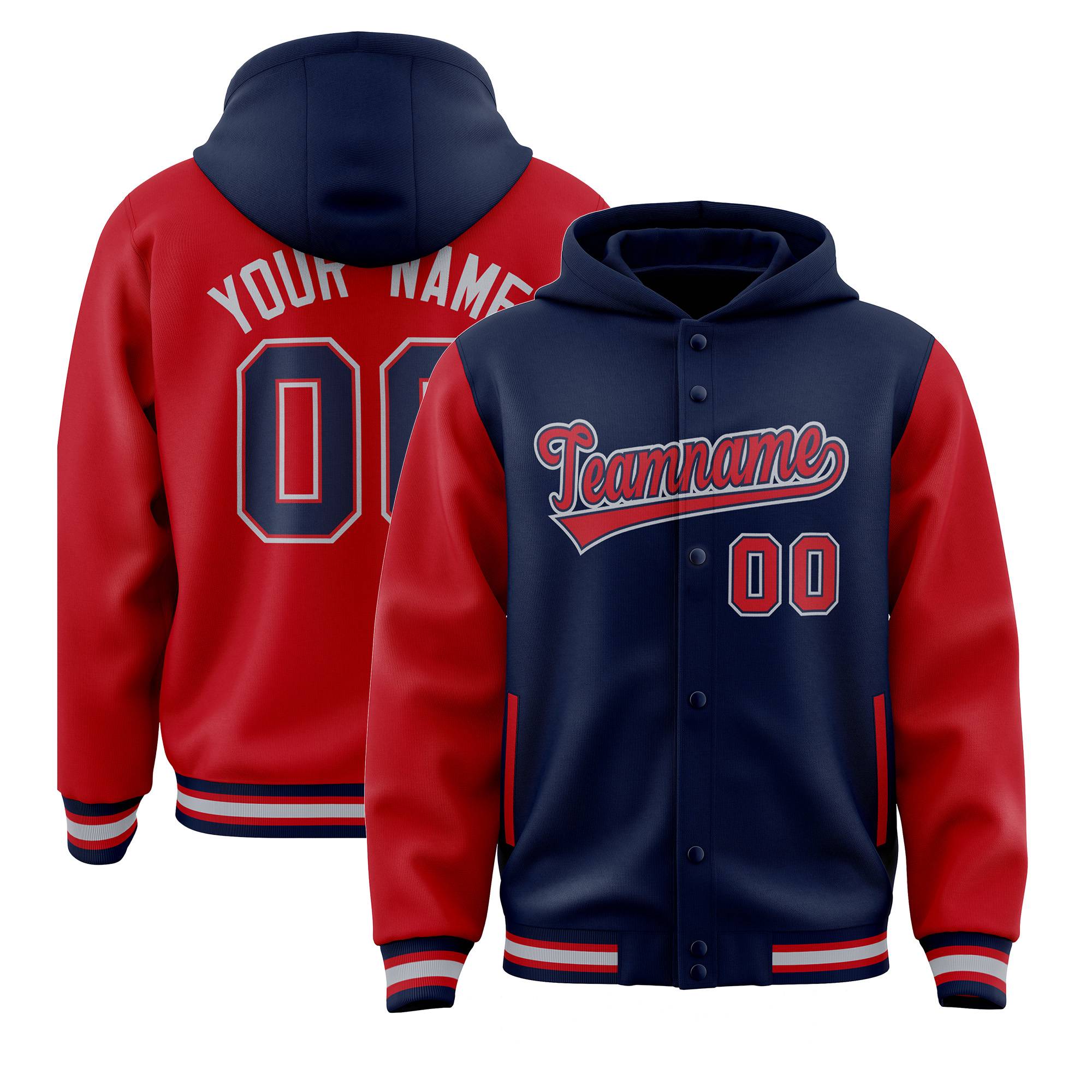 Custom Navy Red Raglan Sleeves Varsity Full-Snap Letterman Two Tone Hoodie Jacket