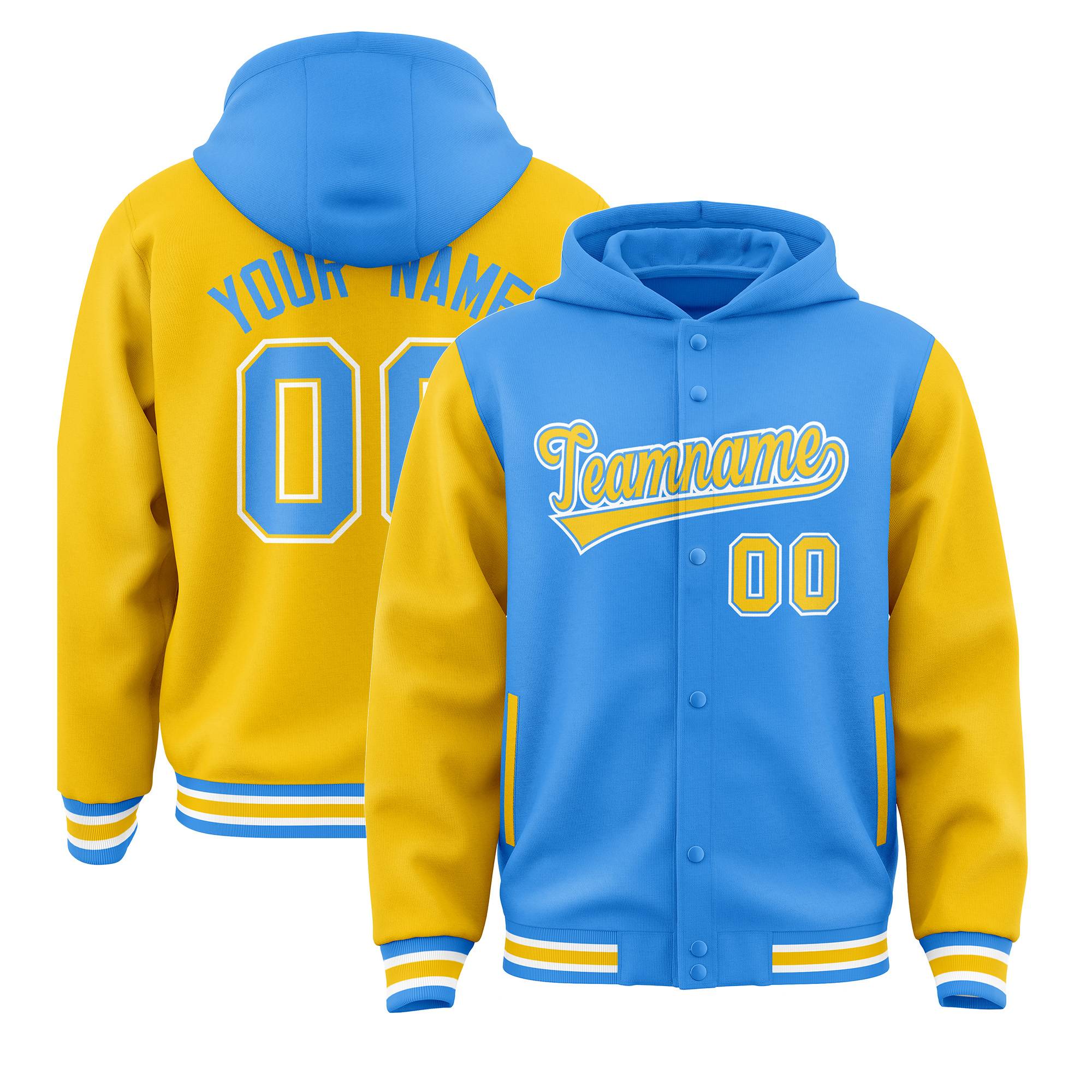 Custom Powder Blue Gold Raglan Sleeves Varsity Full-Snap Letterman Two Tone Hoodie Jacket