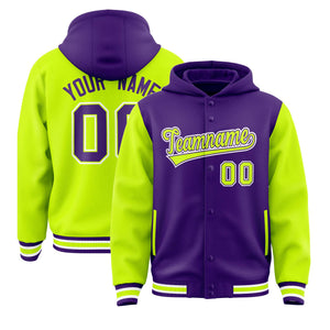 Custom Purple Neon Green Raglan Sleeves Varsity Full-Snap Letterman Two Tone Hoodie Jacket