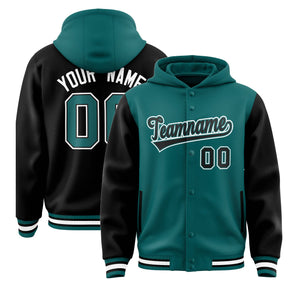 Custom Aqua Black Raglan Sleeves Varsity Full-Snap Letterman Two Tone Hoodie Jacket