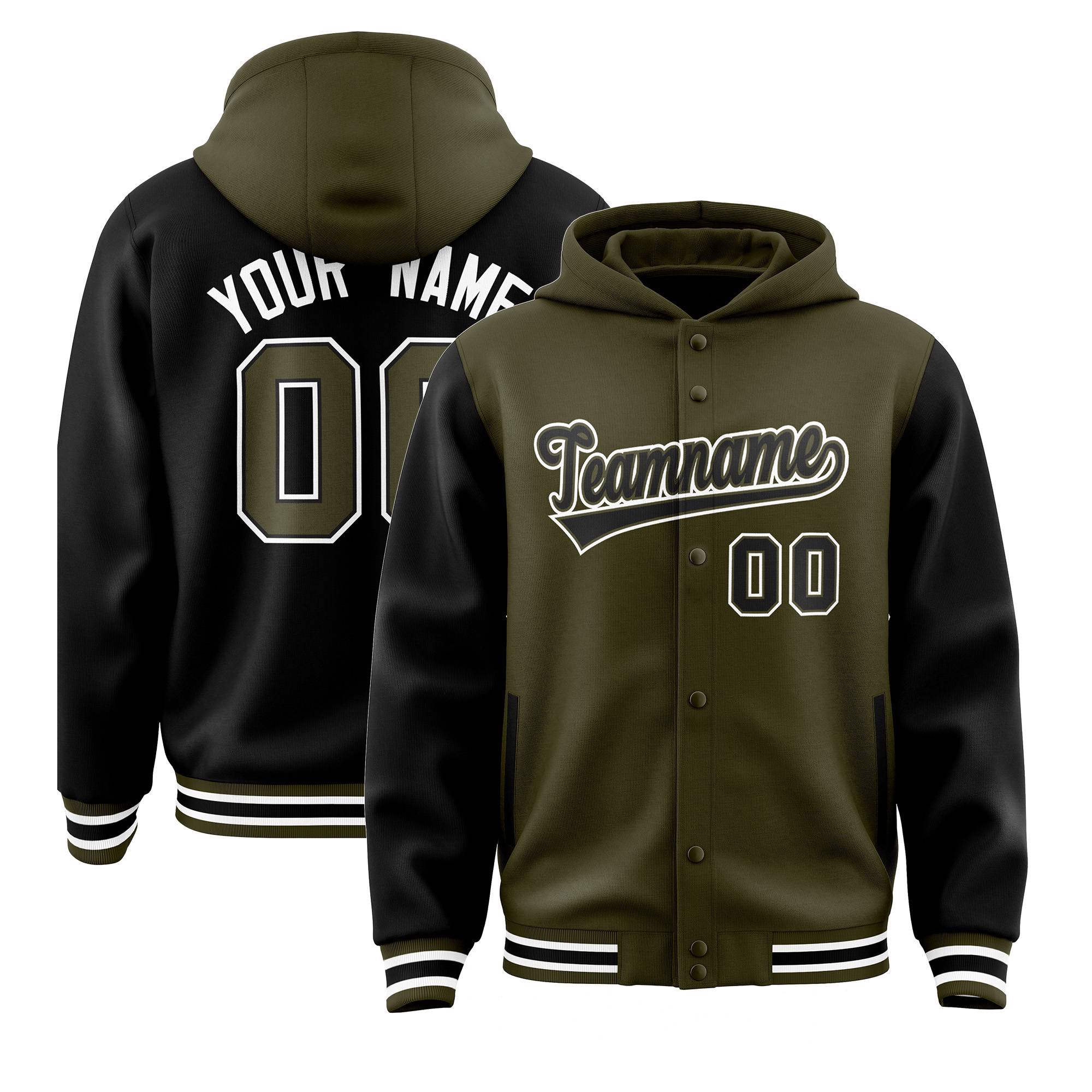 Custom Olive Black Raglan Sleeves Varsity Full-Snap Letterman Two Tone Hoodie Jacket