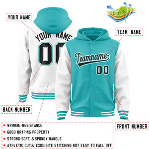 Custom Aqua White Raglan Sleeves Varsity Full-Snap Letterman Two Tone Hoodie Jacket