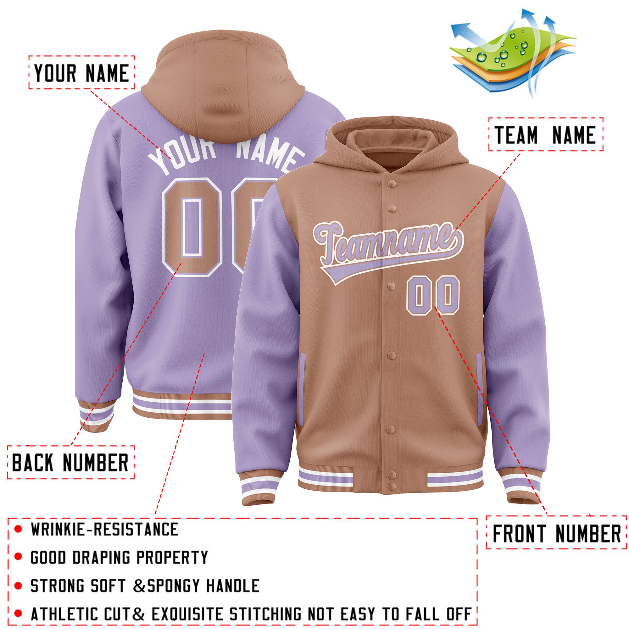 Custom Light Brown Light Purple Raglan Sleeves Varsity Full-Snap Letterman Two Tone Hoodie Jacket