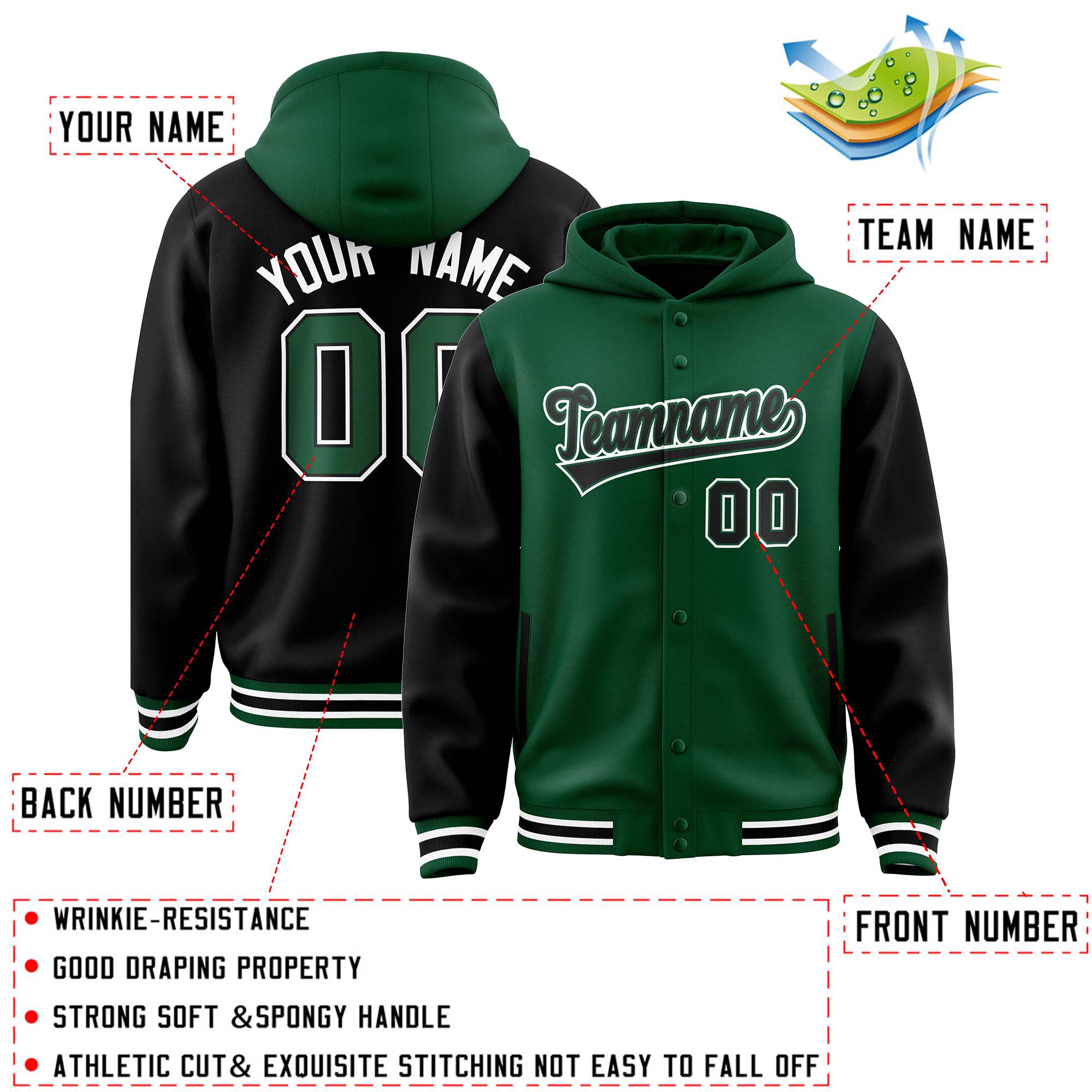 Custom Green Black Raglan Sleeves Varsity Full-Snap Letterman Two Tone Hoodie Jacket