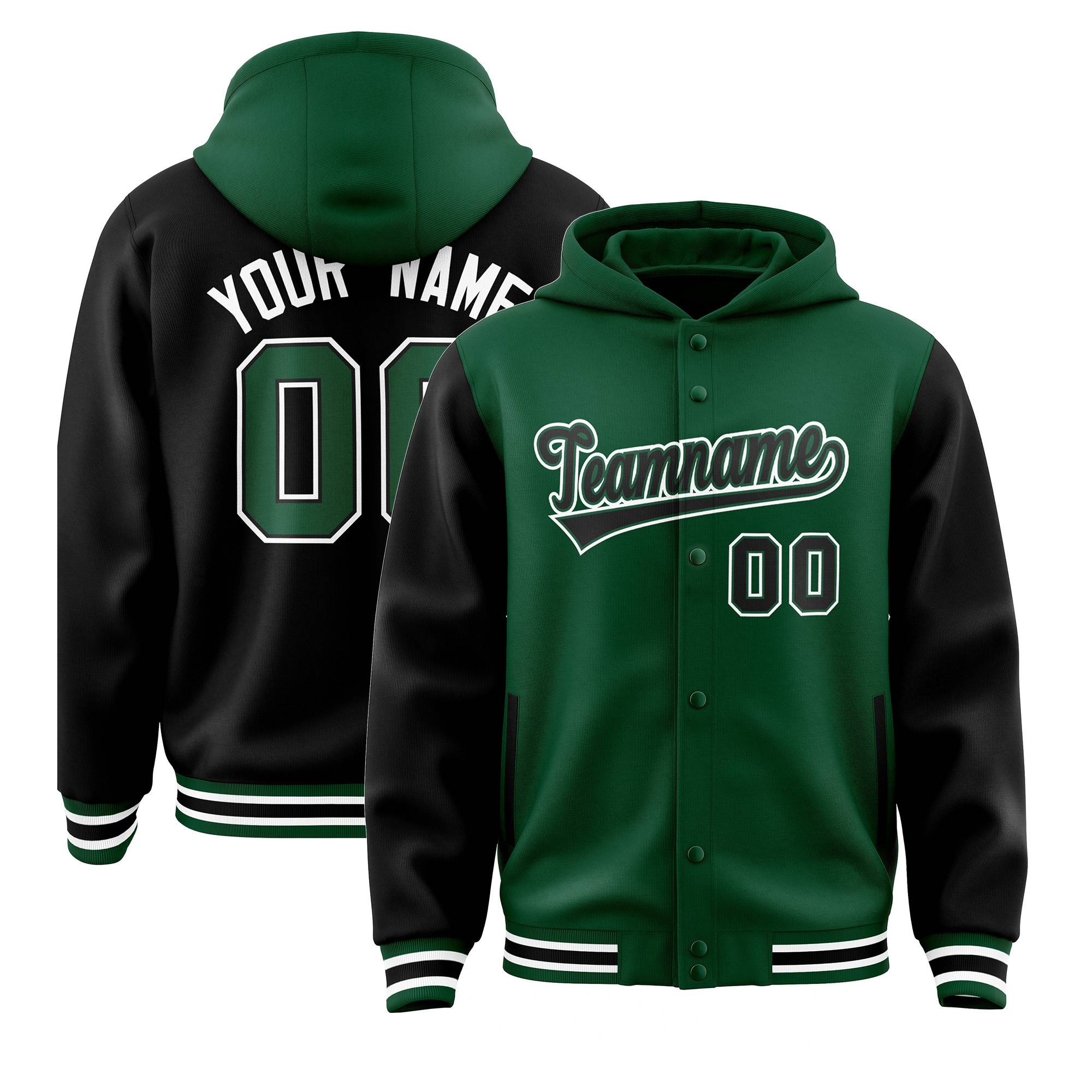 Custom Green Black Raglan Sleeves Varsity Full-Snap Letterman Two Tone Hoodie Jacket