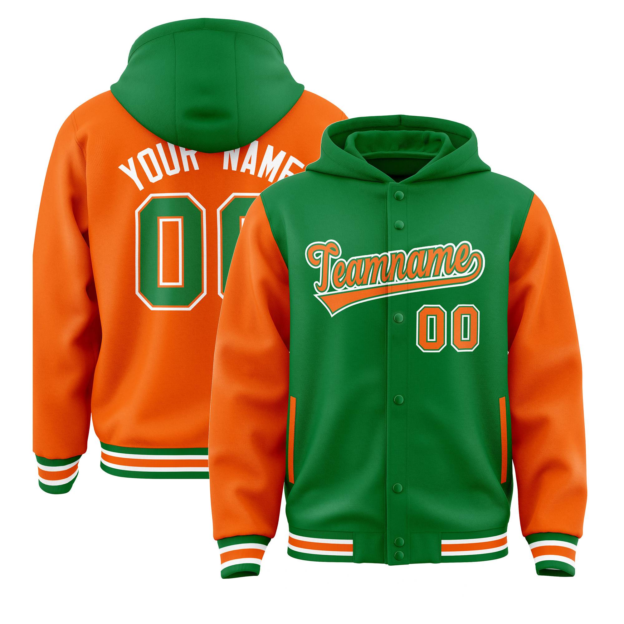 Custom Kelly Green Orange Raglan Sleeves Varsity Full-Snap Letterman Two Tone Hoodie Jacket