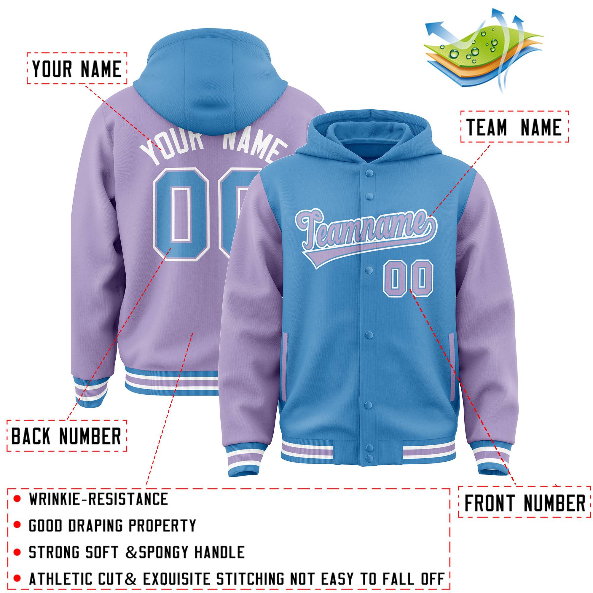 Custom Powder Blue Light Purple Raglan Sleeves Varsity Full-Snap Letterman Two Tone Hoodie Jacket