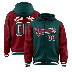 Custom Midnight Green Crimson Raglan Sleeves Varsity Full-Snap Letterman Two Tone Hoodie Jacket