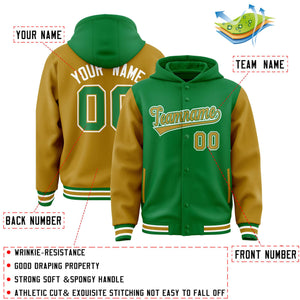 Custom Kelly Green Old Gold Raglan Sleeves Varsity Full-Snap Letterman Two Tone Hoodie Jacket