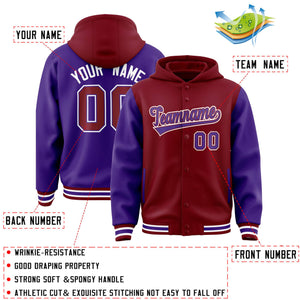 Custom Crimson Purple Raglan Sleeves Varsity Full-Snap Letterman Two Tone Hoodie Jacket