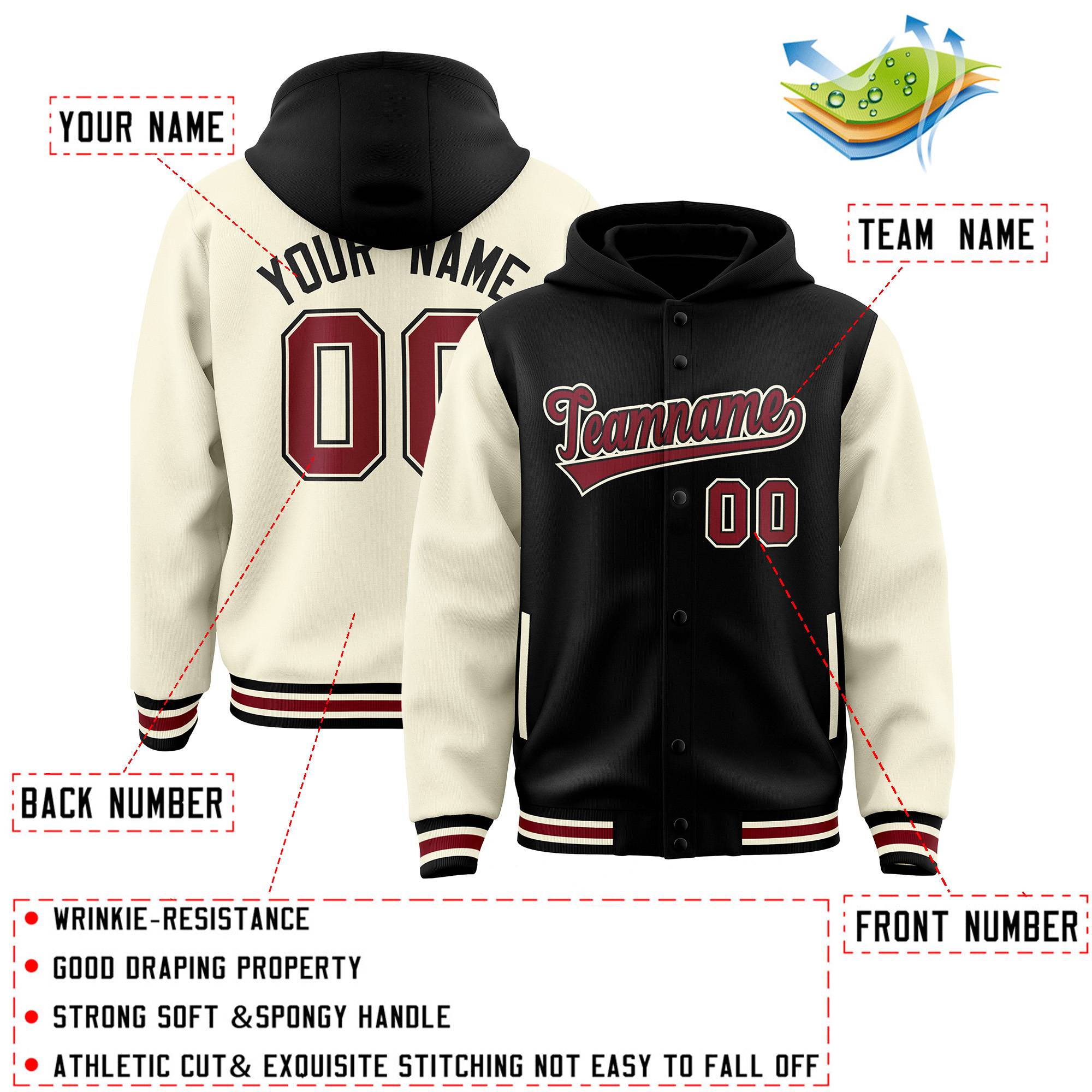 Custom Black Cream Raglan Sleeves Varsity Full-Snap Letterman Two Tone Hoodie Jacket