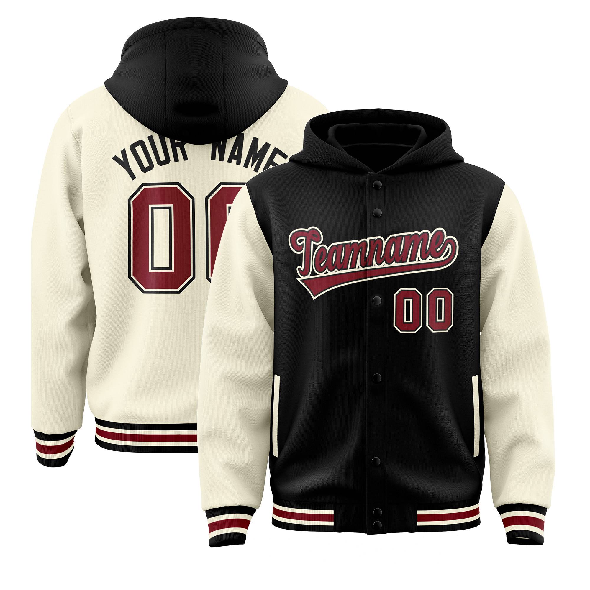 Custom Black Cream Raglan Sleeves Varsity Full-Snap Letterman Two Tone Hoodie Jacket