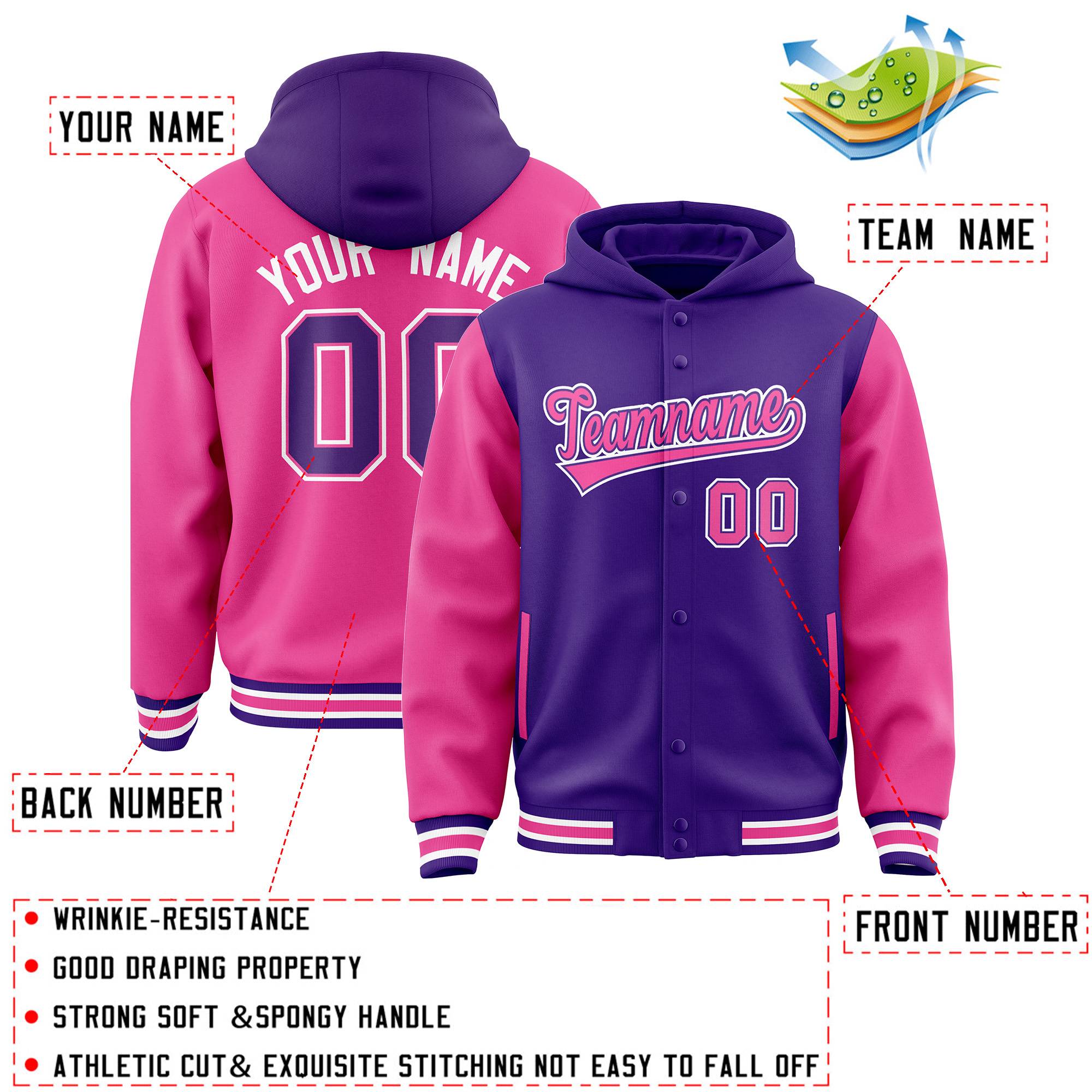 Custom Purple Pink Raglan Sleeves Varsity Full-Snap Letterman Two Tone Hoodie Jacket