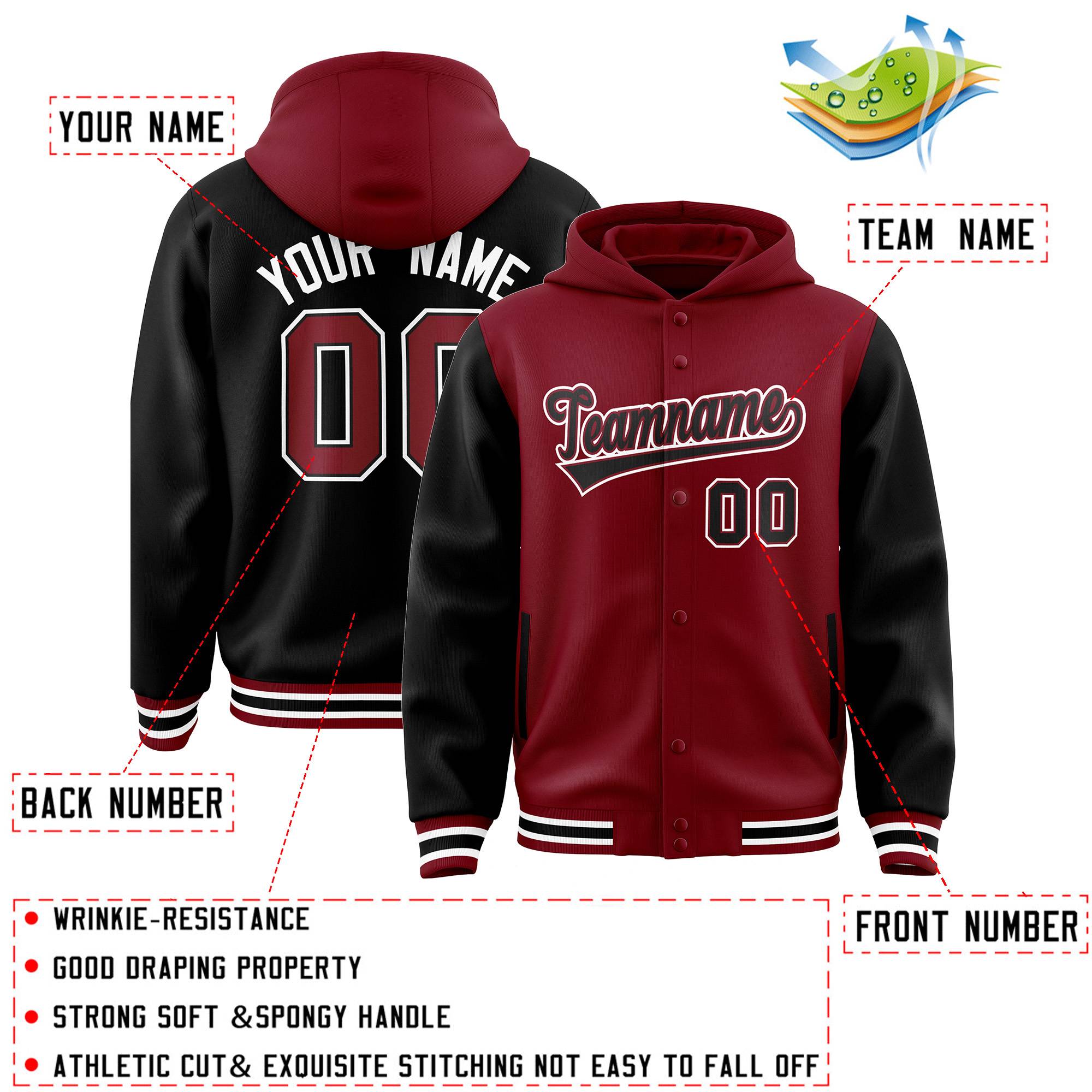 Custom Crimson Black Raglan Sleeves Varsity Full-Snap Letterman Two Tone Hoodie Jacket