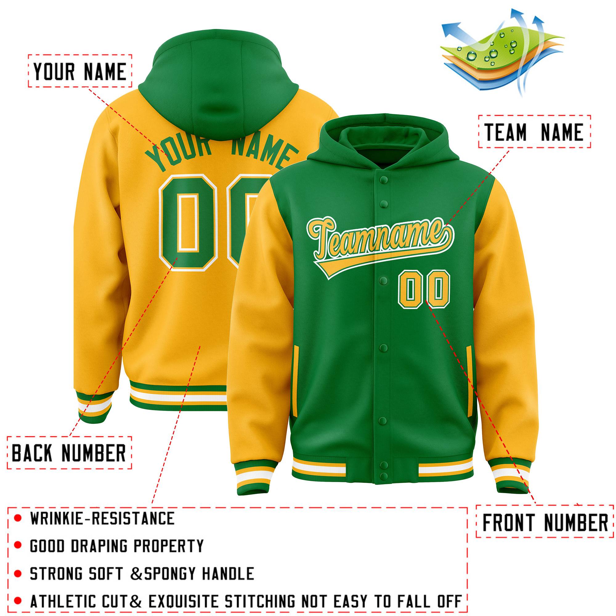 Custom Kelly Green Gold Raglan Sleeves Varsity Full-Snap Letterman Two Tone Hoodie Jacket