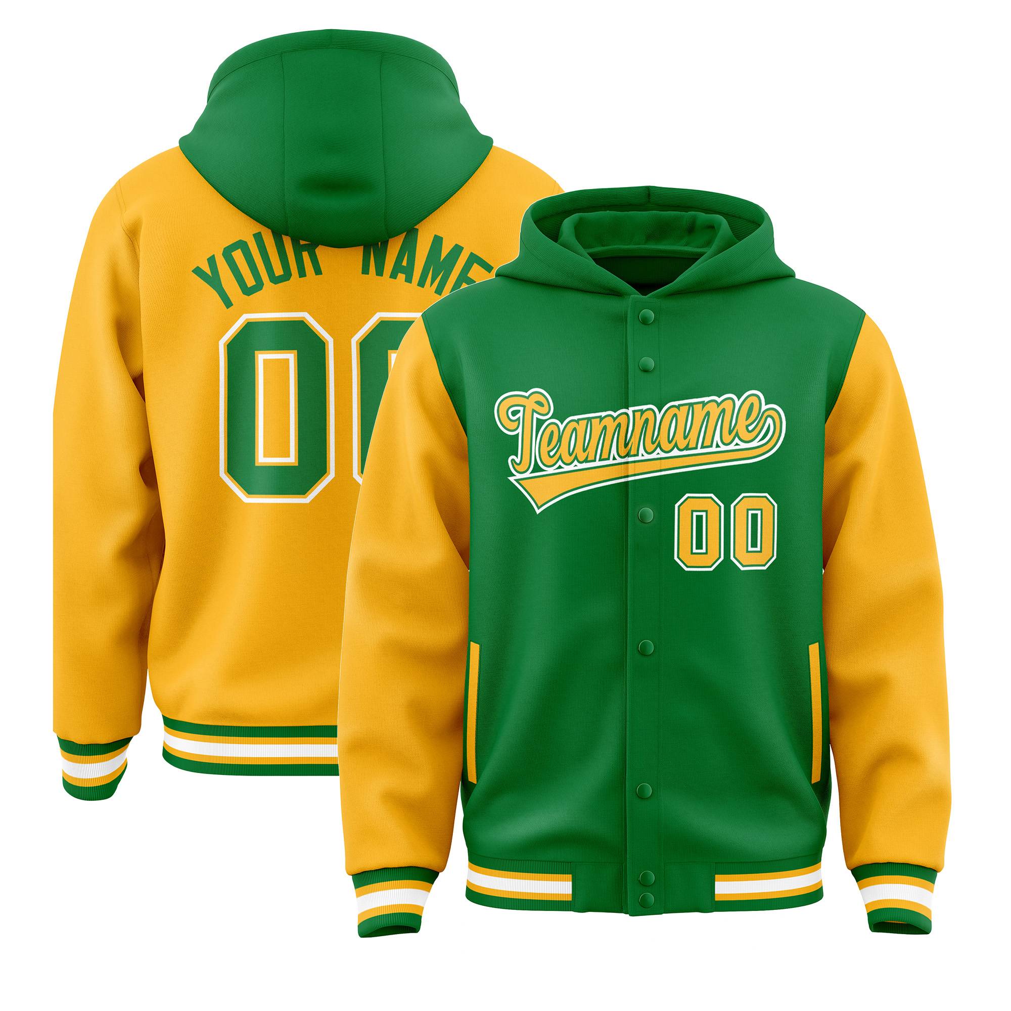 Custom Kelly Green Gold Raglan Sleeves Varsity Full-Snap Letterman Two Tone Hoodie Jacket