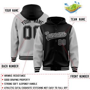 Custom Black Gray Raglan Sleeves Varsity Full-Snap Letterman Two Tone Hoodie Jacket