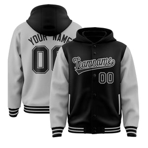 Custom Black Gray Raglan Sleeves Varsity Full-Snap Letterman Two Tone Hoodie Jacket