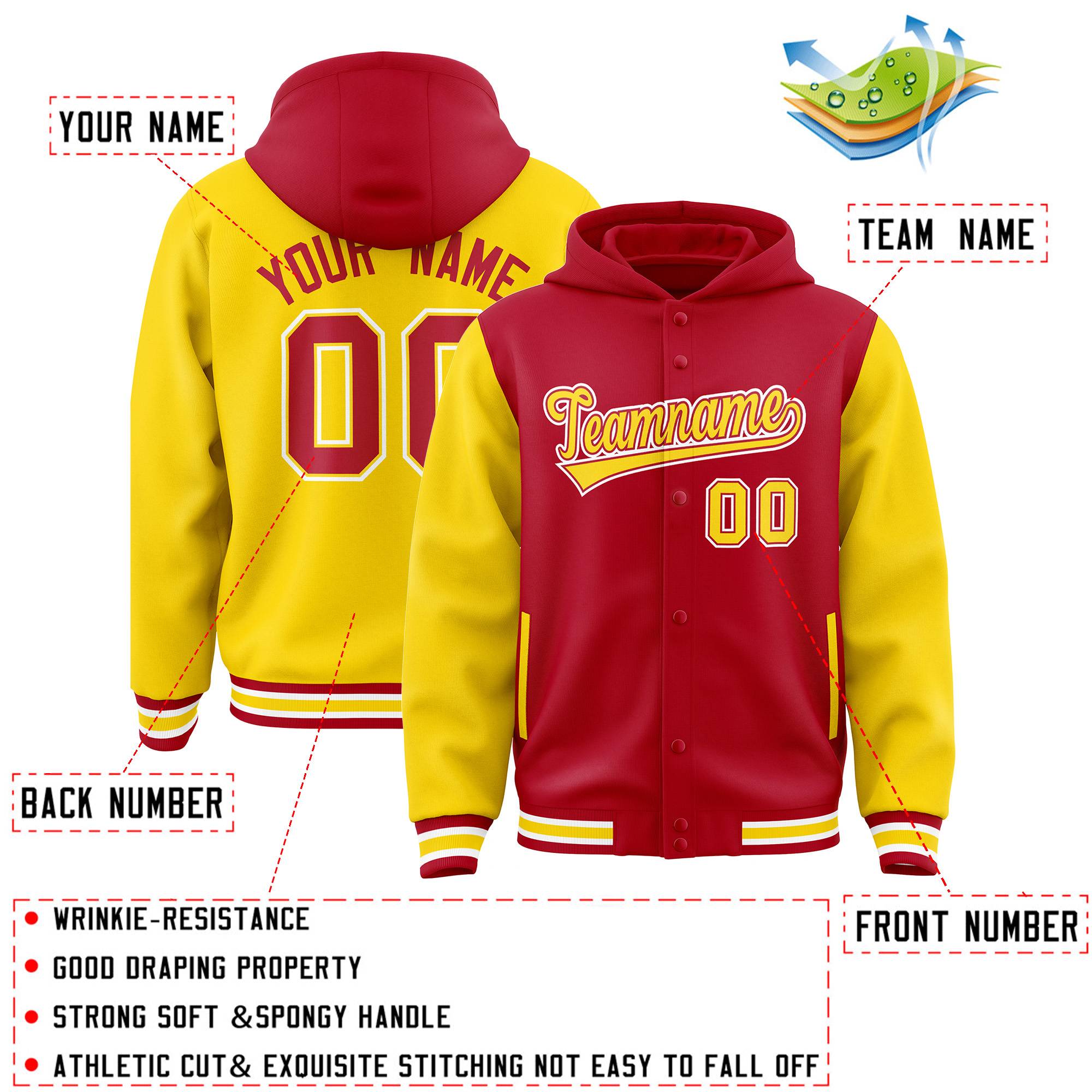 Custom Red Gold Raglan Sleeves Varsity Full-Snap Letterman Two Tone Hoodie Jacket