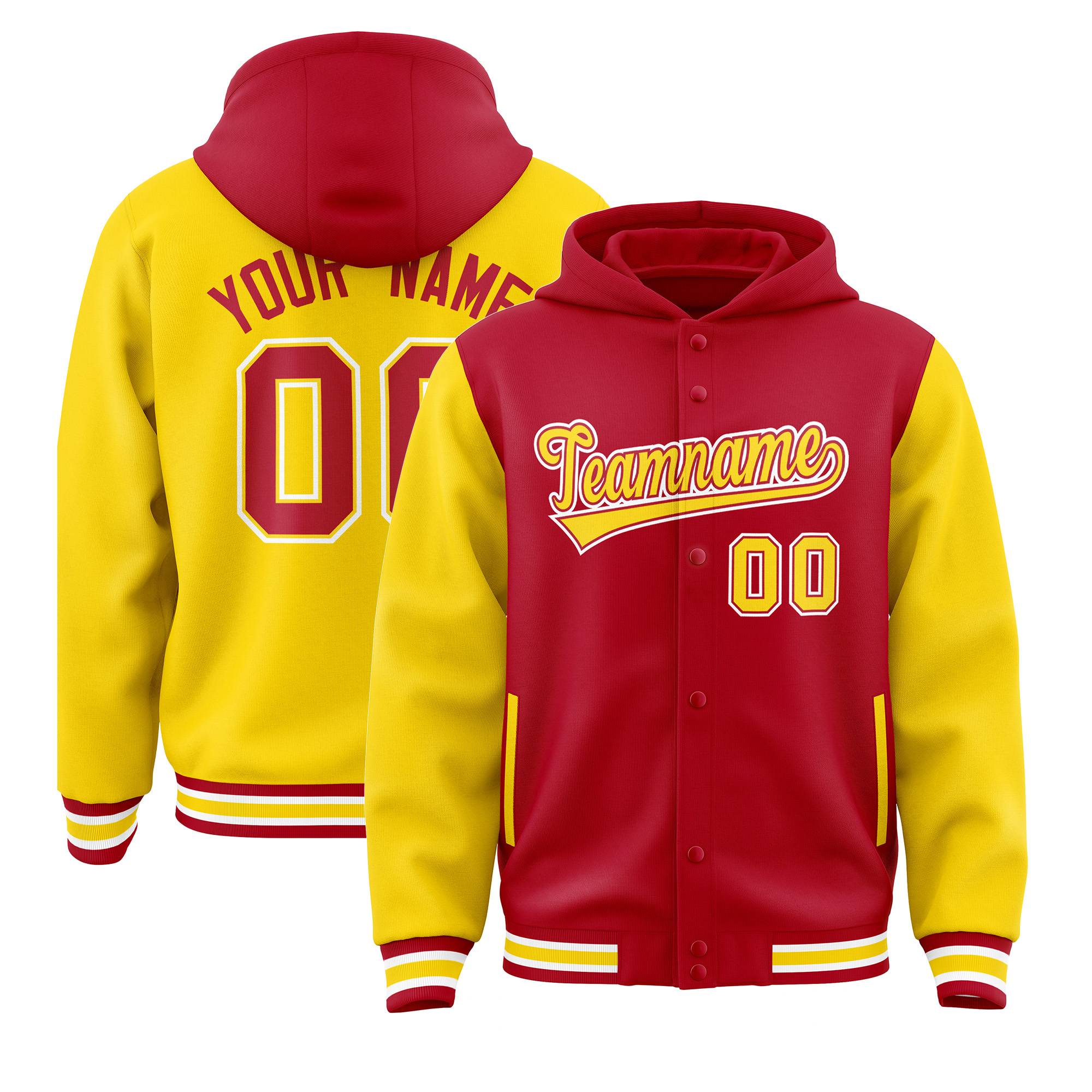 Custom Red Gold Raglan Sleeves Varsity Full-Snap Letterman Two Tone Hoodie Jacket