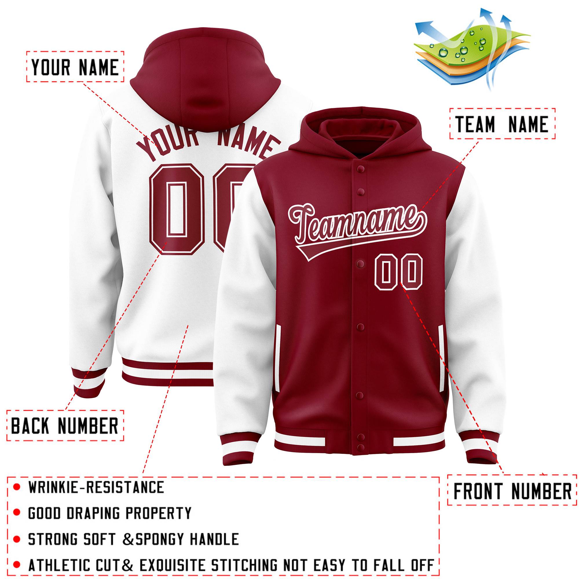 Custom Crimson White Raglan Sleeves Varsity Full-Snap Letterman Two Tone Hoodie Jacket