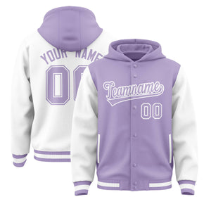 Custom Light Purple White Raglan Sleeves Varsity Full-Snap Letterman Two Tone Hoodie Jacket