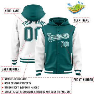 Custom Aqua White Raglan Sleeves Varsity Full-Snap Letterman Two Tone Hoodie Jacket