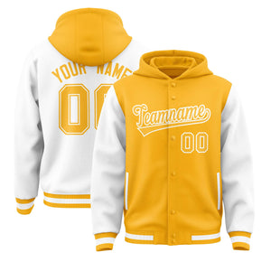 Custom Gold White Raglan Sleeves Varsity Full-Snap Letterman Two Tone Hoodie Jacket