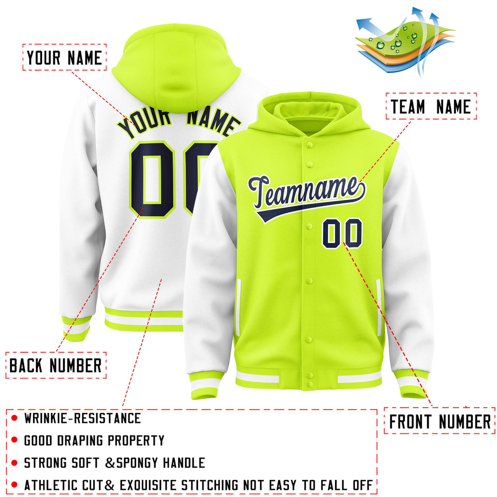 Custom Neon Green White Raglan Sleeves Varsity Full-Snap Letterman Two Tone Hoodie Jacket