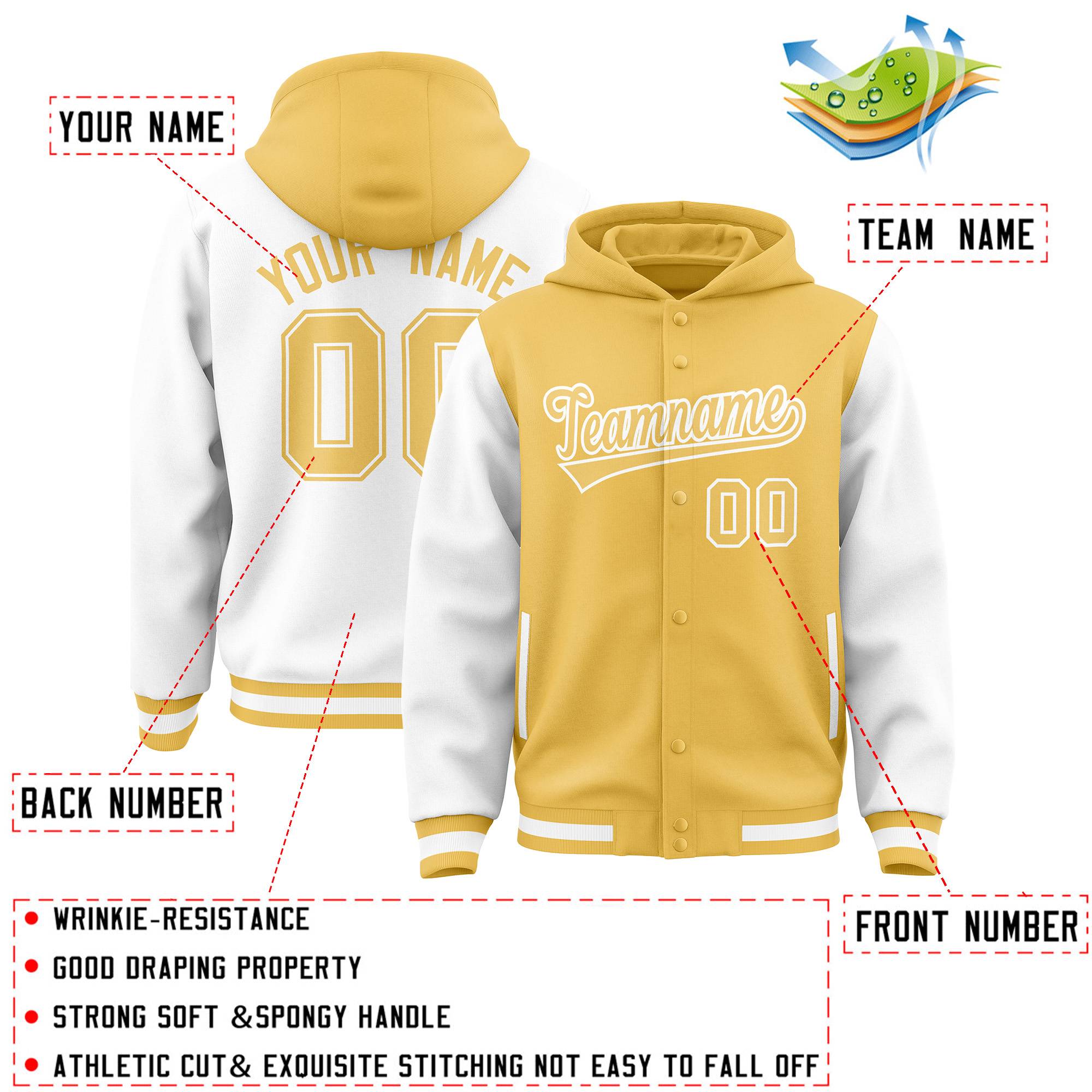 Custom Khaki White Raglan Sleeves Varsity Full-Snap Letterman Two Tone Hoodie Jacket