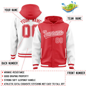 Custom Light Red White Raglan Sleeves Varsity Full-Snap Letterman Two Tone Hoodie Jacket