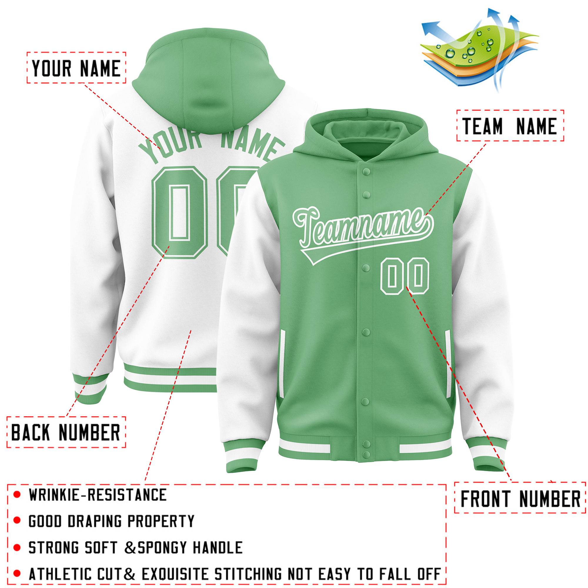 Custom Green White Raglan Sleeves Varsity Full-Snap Letterman Two Tone Hoodie Jacket