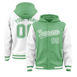 Custom Green White Raglan Sleeves Varsity Full-Snap Letterman Two Tone Hoodie Jacket