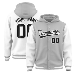 Custom Gray White Raglan Sleeves Varsity Full-Snap Letterman Two Tone Hoodie Jacket