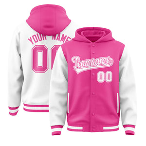 Custom Pink White Raglan Sleeves Varsity Full-Snap Letterman Two Tone Hoodie Jacket