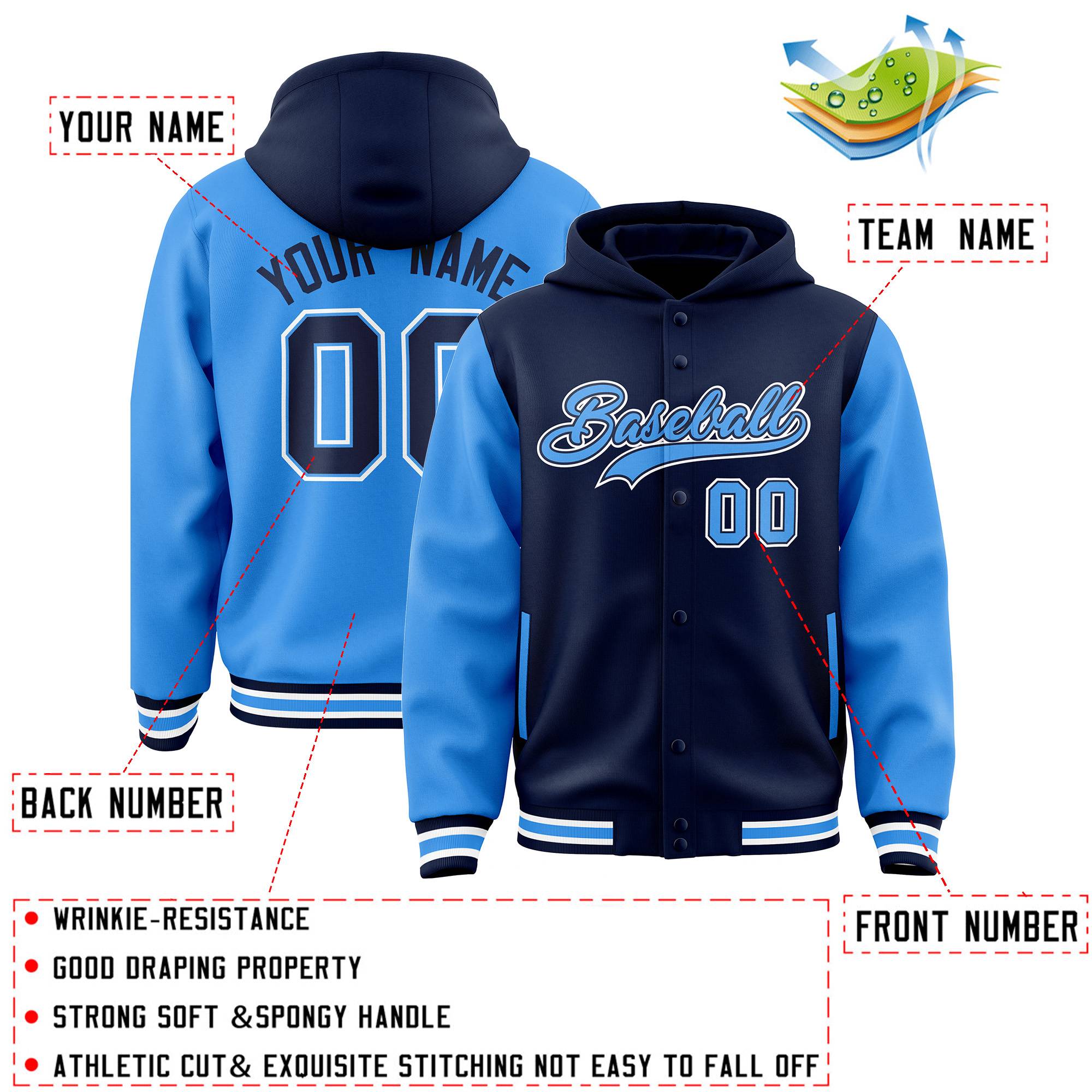 Custom Navy Powder Blue Raglan Sleeves Varsity Full-Snap Letterman Two Tone Hoodie Jacket